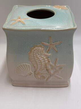 Coastal Ceramic Tissue Box Cover Seahorse Starfish Aqua Beach Bathroom Decor